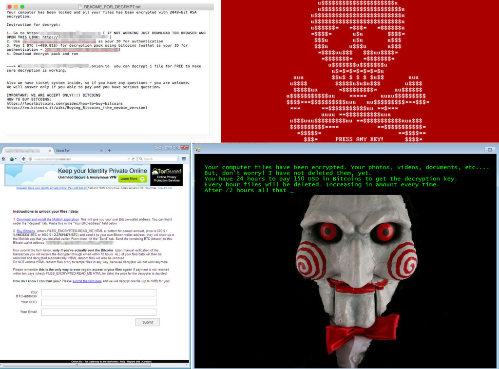 Figura 2. As variantes de crypto-ransomware exibem várias imagens (no sentido horário, a partir da esquerda): Keranger, Petya, Jigsaw e PowerWare